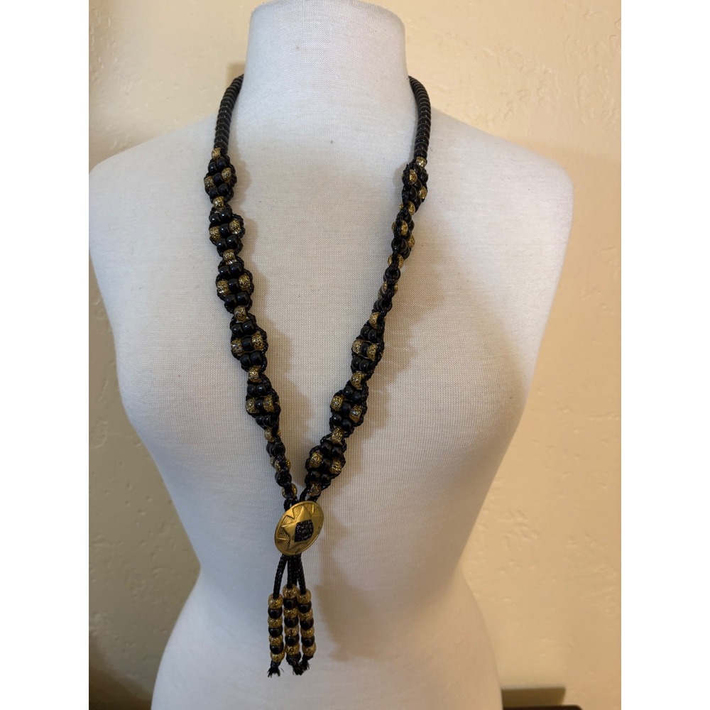 Vintage Black Gold Macrame Beaded‎ Lariat Necklace Star Medallion Tassel Long